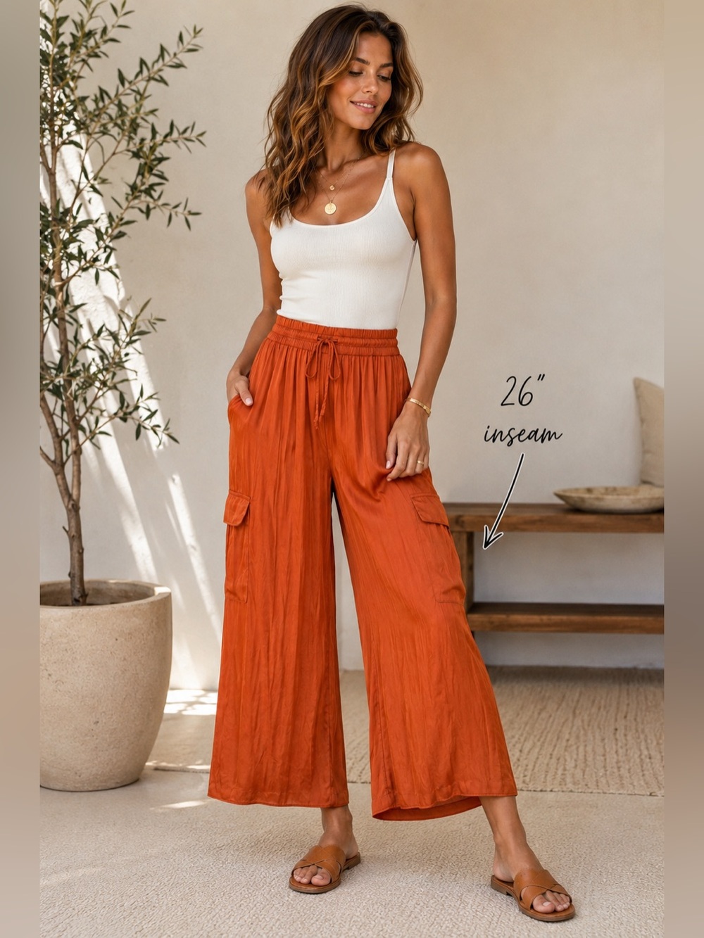Rachel Zoe Rust Satin Wide Leg Cargo Pants Small Boho Luxe
